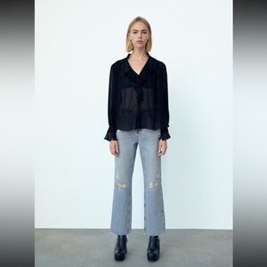 Zara Z1975 HI-RISE STRAIGHT LEG JEANS WITH RIPS Size 28 (US 6) MID BLUE 6164/053